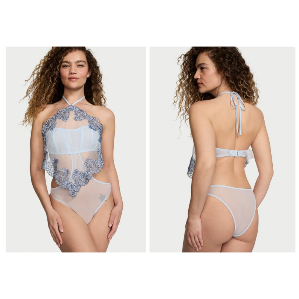 Victoria's Secret Very Sexy Sheer Boho Floral Embroidery Halter-Neck BlueTeddy M